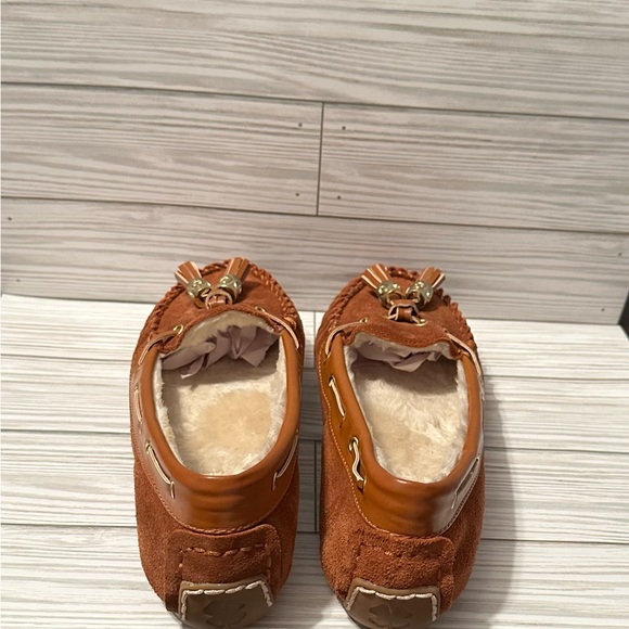 Lucky Brand Cognac Brown LeatherUpper Faux Fur Lined Moccasins FlatsLoafers Sz 8 - Picture 5 of 6